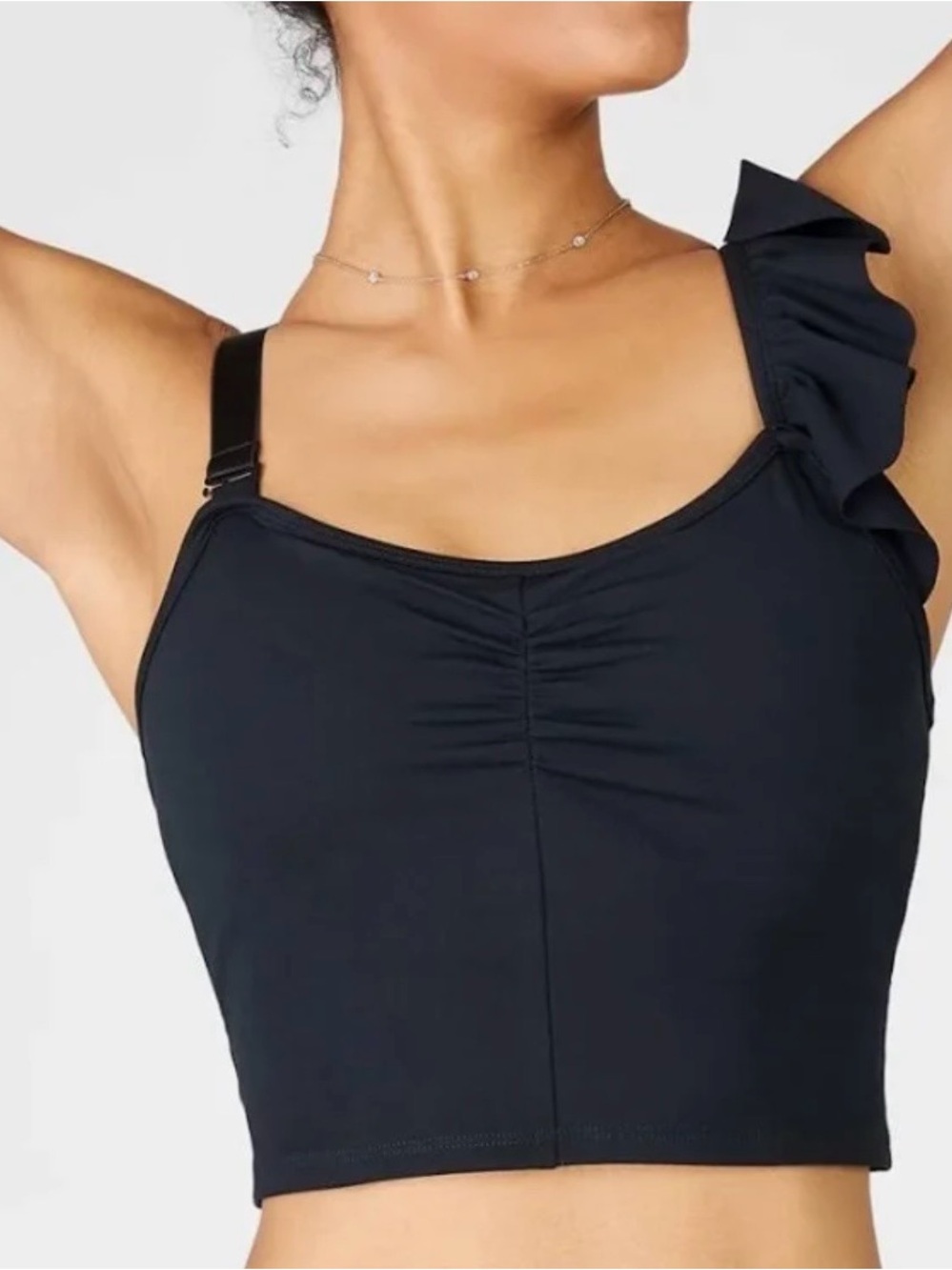 Fabletics Black Ruffle Crop Top with One-Shoulder Detail